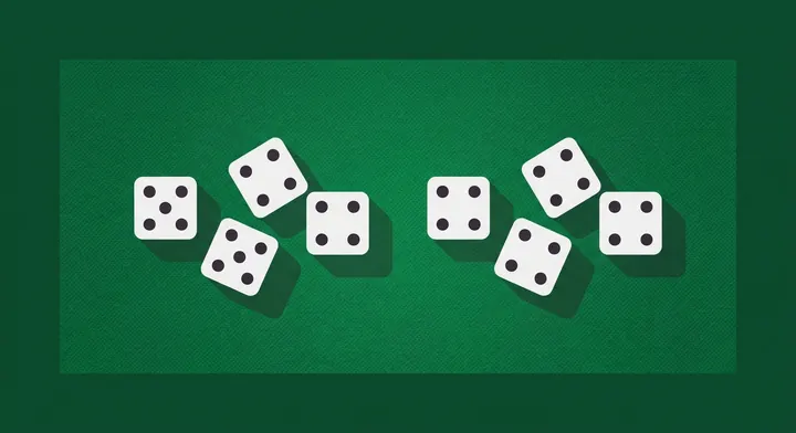 Dice showing a full house, three of a kind and four of a kind side by side in Kismet