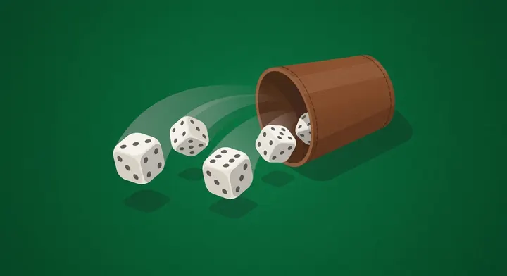 Five dice mid-roll tumbling out of a dice cup onto green felt in Yahtzee