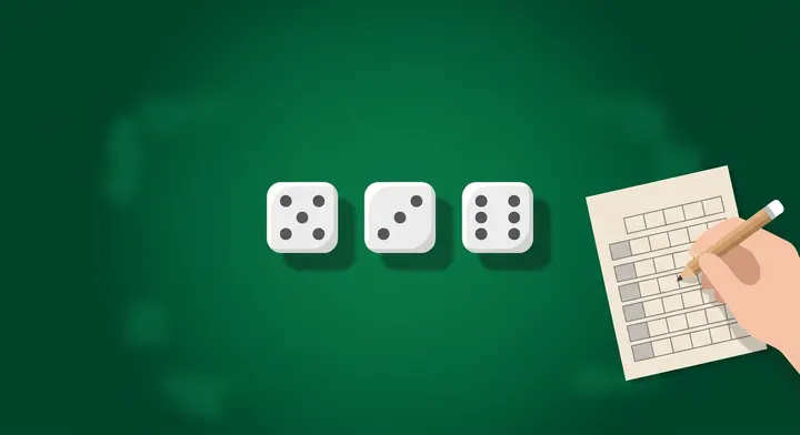 A Yahtzee scorecard with the upper and lower sections partly filled in in Yahtzee